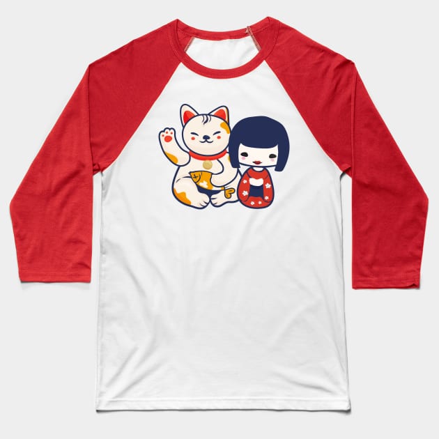 Kokeshi Girl Doll With Maneki Neko Baseball T-Shirt by tatadonets